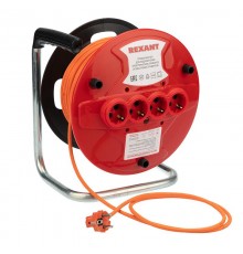 Удлинитель-шнур на катушке ПВС 3х1.0, 50 м, 4 гнезда, с/з, 10 А, 2200 Вт, IP20, оранжевый (Сделано в России)  11-7085  REXANT