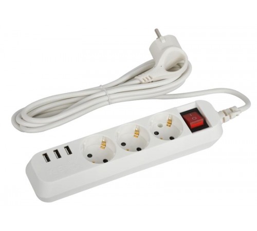 Удлинитель электрический  U-3es-1,5m-USB c заземлением с выключателем 3 розетки + 3xUSBA 1,5м 10А   Б0052900  ЭРА