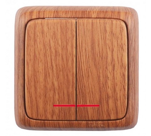 Выключатель открытой установки, двухклавишный, с индикацией, цвет дуб  ВА16-152-05  HEGEL