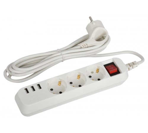 Удлинитель электрический  U-3es-3m-USB c заземлением с выключателем 3 розетки + 3xUSBA 3м 10А   Б0052901  ЭРА