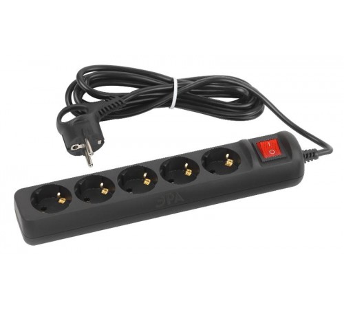 Удлинитель электрический UX-5es-1,5m-B с заземлением с выключателем 5 розеток 1,5м ПВС 3x0,75мм2 черный  Б0057730  ЭРА