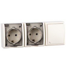Блок IP54. Розетка двойная с крышкой и заземлением Schuko 2x2Р+Е 16A + Переключатель (проходной) 10AX 250В цвета слоновая кость S15 Aqua  1594526-031