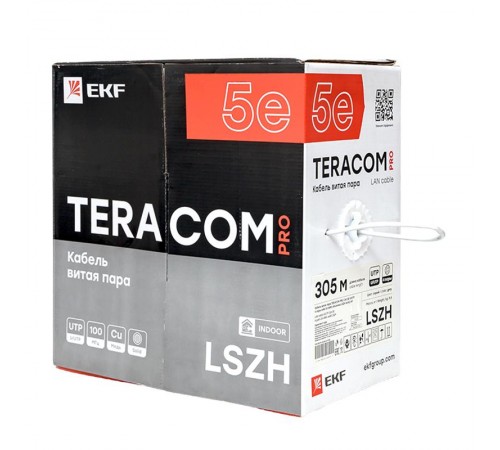 Кабель витая пара TERACOM PRO Cat.5E U/UTP 4 пары solid 24AWG нг(А)-HF серый упак. 305м  TRP-5EUTP-04LSH-GY-IN3  EKF