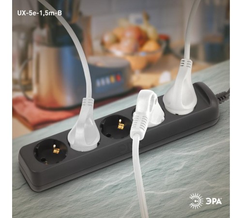 Удлинитель электрический UX-5e-1,5m-B с заземлением 5 розеток 1,5 м ПВС 3х0,75мм2 10А черный  Б0057724  ЭРА