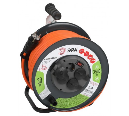 Удлинитель силовой RMx-4es-3x2.5-30m-IP44 на металлической катушке с заземлением и выключателем 4 розетки 30м ПВС  Б0052920  ЭРА