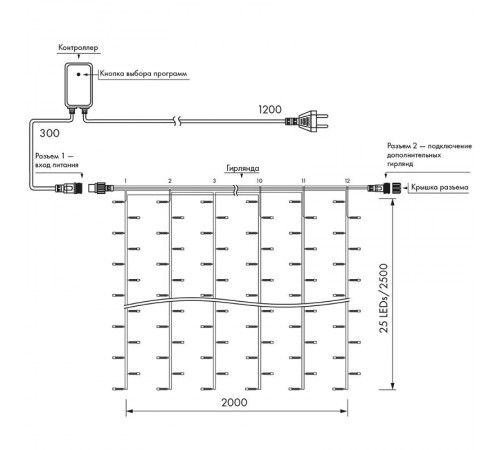 Cветодиодная гирлянда ARD-CURTAIN-HOME-2000x2500-CLEAR-300LED Warm (230V, 12W)  024835  Arlight
