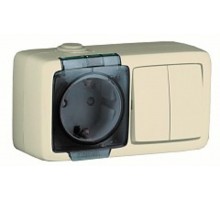 Блок открытой установки, брызгозащищенный, розетка с заземляющим контактом и шторками+двухклавишный выключатель, слоновая кость  БА 16-222-01  HEGEL