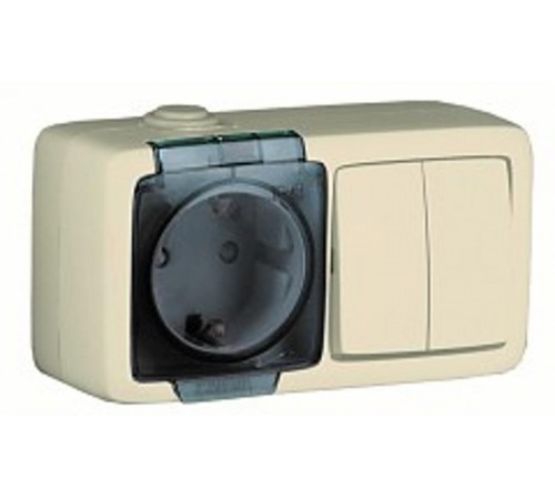 Блок открытой установки, брызгозащищенный, розетка с заземляющим контактом и шторками+двухклавишный выключатель, слоновая кость  БА 16-222-01  HEGEL