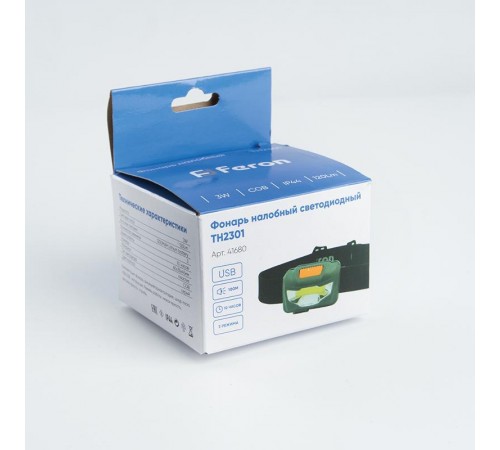Фонарь налобный светодиодный аккумуляторный 3W 1COB, USB IP44, пластик, TH2301  41680  FERON