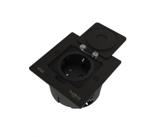 MultiDesk Лючок с розеткой 2К+З, 16А/250В, IP44 с монтажной коробкой для стены, фальшпола, стола Чёрный матовый, тип MDK21  MDK21102MBA  SE