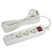Удлинитель электрический  UB-3es-5m-USB c заземлением с выключателем 3 розетки + 1xUSBA+1xUSBC 5м 10А   Б0052899  ЭРА