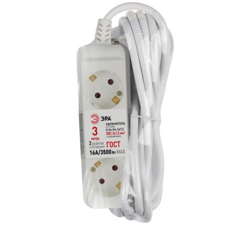 Удлинитель электрический U-3e-3m-3x1,5 с заземлением 3 розетки 3м ПВС 3x1,5мм2 16А  Б0044032  ЭРА