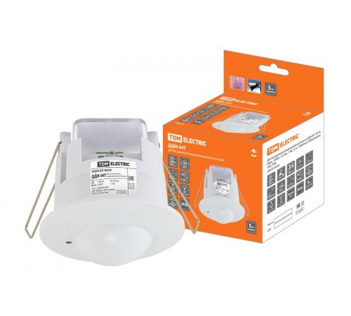 Датчик движения ДДМ-04Т 5,8ГГц, 65мм, 1200Вт, 10-720с, 1-8м, 3+лк, 180(сбоку)+360(сверху)гр, IP20,  SQ0324-0029  TDM