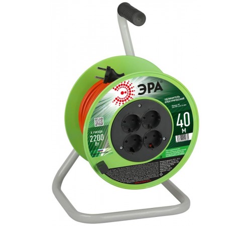 Удлинитель силовой  RP-4-2x1.0-40m на пластиковой катушке без заземления 4 розетки 40м ПВС 2х1мм2   Б0059783  ЭРА