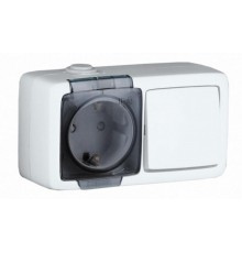 БА16-221 Блок открытой установки, брызгозащищенный , розетка с заземляющим контактом и шторками+одноклавишный выключатель, цвет белый  БА16-221  HEG