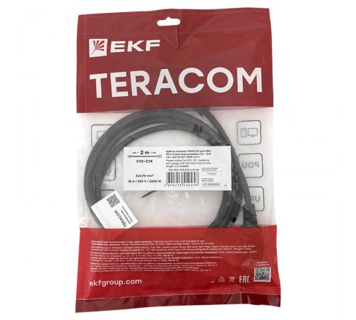 Кабель питания TERACOM для ИБП, ПК и мониторов разъемы C13-C14 сеч. 3x0.75мм2 250В 2м  TRC-PCA-C13-C14-0.75-2M  EKF