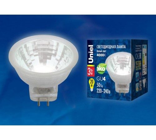 Лампа светодиодная LED-MR11-3W/NW/GU4/220V GLZ21TR LED, 220V. прозр 4000K  UL-00001703  Uniel