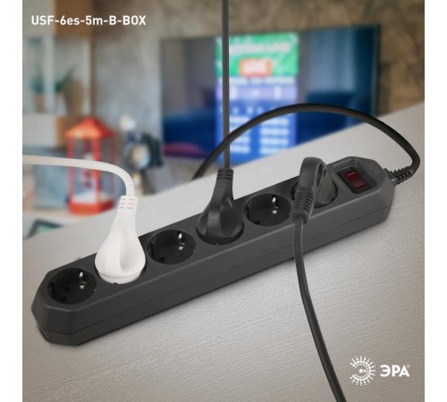 Сетевой фильтр USF-6es-5m-B-BOX Сет.фильтр базовая защита, с/з, с выкл, 6гн, 5м, ПВС, 10А,  Б0037265  ЭРА