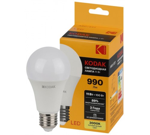 Лампа светодиодная A60-11W-830-E27 11Вт груша теплый белый свет  Б0057605  Kodak