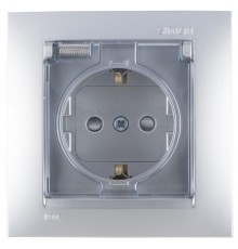 Simon 15 Алюминий Розетка с/з Schuko со шторками, с крышкой, IP44, 16А 250В, винт. зажим  1590450-033  Simon