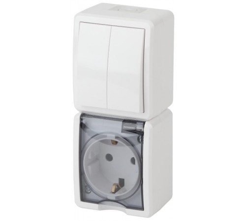 Блок розетка+выключатель 2-клавишный вертикальный IP54, 16A(10AX)-250В, ОУ, 11-7408-01 Эра Эксперт, Белый  Б0036006  ЭРА
