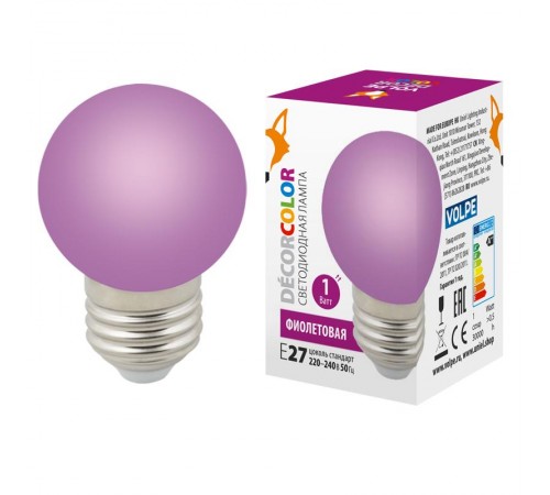 Лампа светодиодная LED-G45-1W/PURPLE/E27/FR/С декоративная LED. "шар", матовая. Цвет фиолетовый  UL-00005652  Volpe
