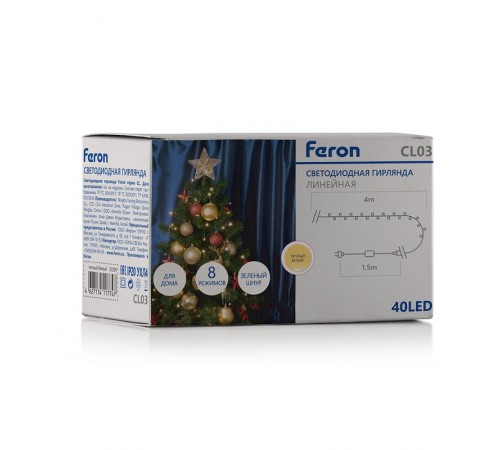 Светодиодная гирлянда CL03 линейная 4м +1.5м 230V 2700K c питанием от сети  32290  Feron