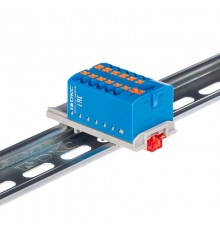 Блок распределительный с верт. адаптером на рейки  15/35мм, зажим push-in, 1 ввод 6 кв.мм, 12  подкл. 2,5 кв.мм, синий  DTP1-112-104SPUB-V  DKC