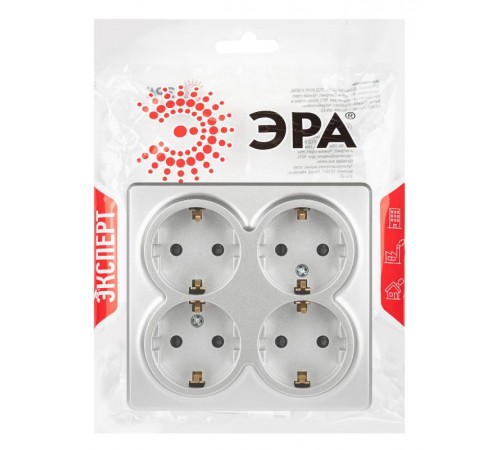 Розетка ЭРА Эксперт 11-2211-03 четырехместная с заземлением 4х2P+E Schuko со шторками, IP20, 16A-250В, ОУ, Алюминий  Б0063022  ЭРА