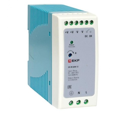 Блок питания на дин рейку 60Вт,Uвх ~ 220 В AC m, Uвых - 12 В DC постоянного тока DR-M-60W-12 EKF