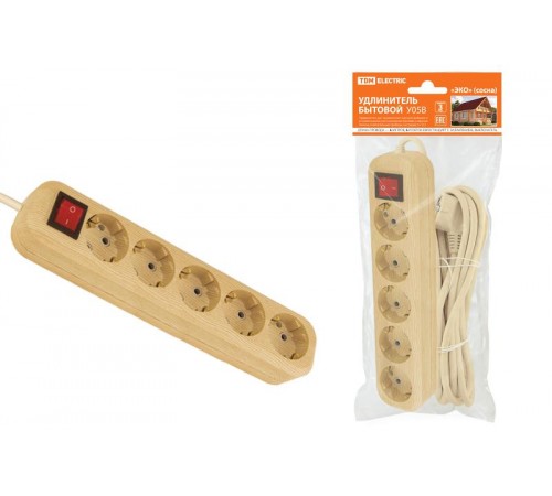 Удлинитель бытовой  У05В выключатель, 5 гнезд, 5метров,2П+3, ПВС 3х1мм2 "Эко" (сосна) 16А/250В  SQ1303-2122  TDM