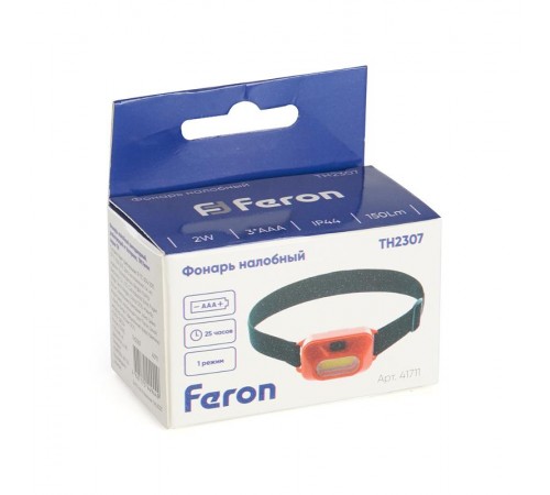 Фонарь налобный светодиодный, работающий от батареек 3*AAA, 2W, COB, IP44, пластик, TH2307  41711  FERON