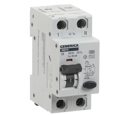 Выключатель автоматический дифференциального тока АВДТ 32 1п+N 6А C 30мА тип AC  MAD25-5-006-C-30  GENERICA