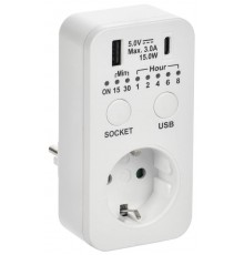 РТЭ-4 Розетка-таймер электр. с USB 15мин-8ч 16А IP20 бел  ERT12-1-16-O-15-2-20-K01  IEK