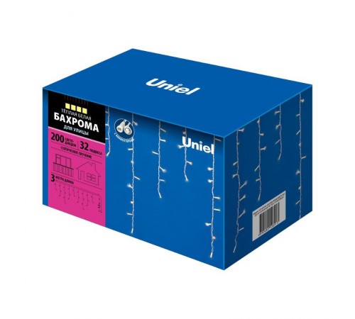 Бахрома с коннекторами светодиодная  с контроллером ULD-B3010-200/SWK WARM WHITE IP67  3 м. 200 диодов, шнур белый, соед  UL-00003679  Uniel