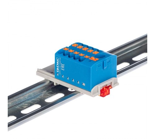 Блок распределительный с верт. адаптером на рейки  15/35мм, зажим push-in, 1 ввод 6 кв.мм, 10  подкл. 2,5 кв.мм, синий  DTP1-110-104SPUB-V  DKC