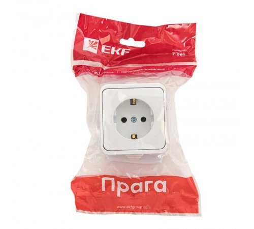 Прага Розетка 1-местная 16А с заземлением IP44 белая EKF  EKR16-028-10-44  EKF
