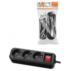 Удлинитель 3 гнезда, 1,5 метра, с/з, выкл., 10 А, 2300 Вт, черный, НАРОДНЫЙ SQ1303-1120  TDM
