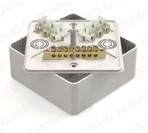 Коробка уравнивания потенциалов (КУП) 100х100х44мм шина 6х9 8гр. с клем ЗВИ-10 6 клемм наклейка "заземление" БЕЛЫЙ (25шт)  GE41223-01  Greenel