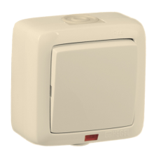 Выключатель открытой установки, одноклавишный, с индикацией, брызгозащищенный, цвет слоновая кость  ВА10-212-01  HEGEL