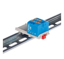 Блок распределительный с верт. адаптером на рейки  15/35мм, зажим push-in, 1 ввод 6 кв.мм, 6  подкл. 2,5 кв.мм, синий  DTP1-106-104SPUB-V  DKC