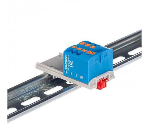 Блок распределительный с верт. адаптером на рейки  15/35мм, зажим push-in, 1 ввод 6 кв.мм, 6  подкл. 2,5 кв.мм, синий  DTP1-106-104SPUB-V  DKC