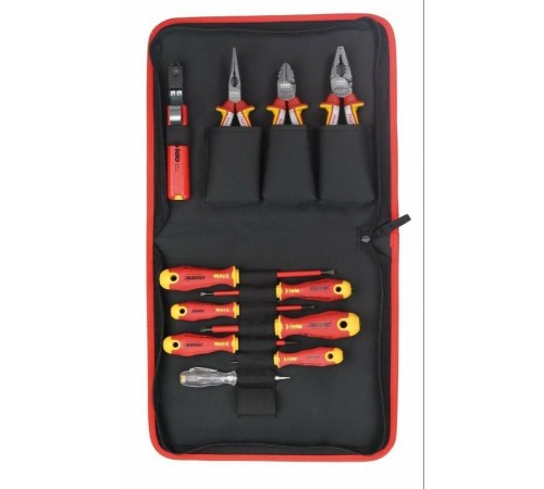 Набор диэлектрических отверток, бокорезов, плоскогубцев, длинногубцев, стриппера и тестера в сумке  41381104  Felo