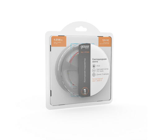 Лента светодиодная Basic LED 2835/60 12V 4,8W/m 312lm/m 3000K 8mm IP20 5m 1/100  BT005  Gauss