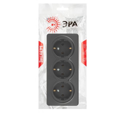 Розетка ЭРА Эксперт 11-2208-05 тройная с заземлением 3х2P+E Schuko, IP20, 16A-250В, ОУ, Антрацит  Б0063007  ЭРА
