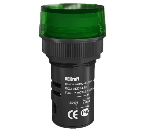 Лампа комм. ADDS 22 мм Цвет:ЗЕЛЕНЫЙ LED 220В ЛK-22 a  25002DEK  DEKraft