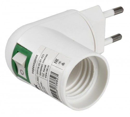 Переходник вилка 220В-патрон Е27 пластик белый IEK  EPP16-02-01-K01  IEK