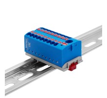 Блок распределительный с верт. адаптером на рейки  15/35мм, зажим push-in, 1 ввод 6 кв.мм, 18  подкл. 2,5 кв.мм, синий  DTP1-118-104SPUB-V  DKC