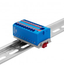 Блок распределительный с верт. адаптером на рейки  15/35мм, зажим push-in, 1 ввод 6 кв.мм, 18  подкл. 2,5 кв.мм, синий  DTP1-118-104SPUB-V  DKC