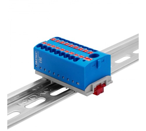 Блок распределительный с верт. адаптером на рейки  15/35мм, зажим push-in, 1 ввод 6 кв.мм, 18  подкл. 2,5 кв.мм, синий  DTP1-118-104SPUB-V  DKC